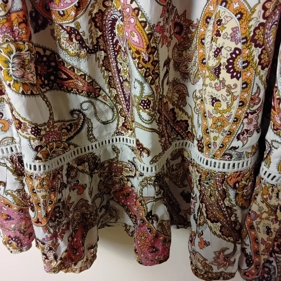 Fever Women's Paisley Bell Sleeve Crochet Trim Boho Peasant 3/4 Sleeve Top L - Picture 6 of 7